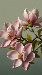 Sticker - Illustration of magnolia flowers blooming on a delicate branch.