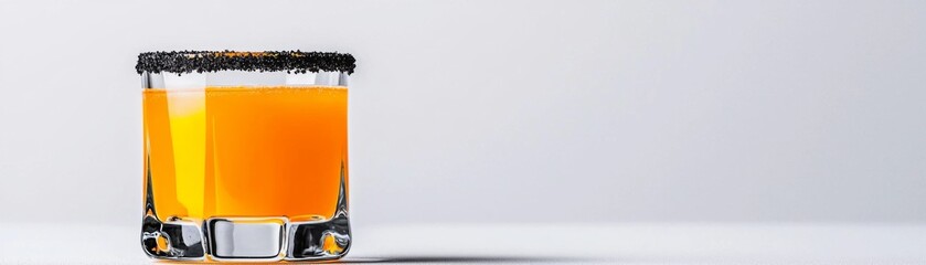 Close-up view of a refreshing orange cocktail in a glass with a sugar rim, isolated on a minimalist white background.