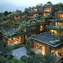 Canvas Print - Modern, sustainable hillside homes with rooftop gardens and solar panels.