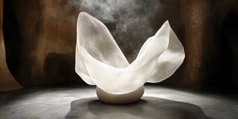 Poster - A stunning sculpture features flowing white fabric gracefully draped over a smooth base, illuminated in a dim gallery atmosphere