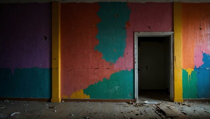 Sticker - Individual in front of a colorful, peeling wall in an abandoned space.