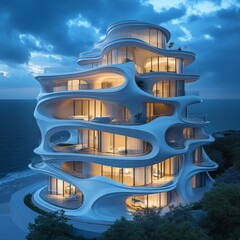 Poster - Modern, white, curved, luxury apartment building on the beach at dusk.