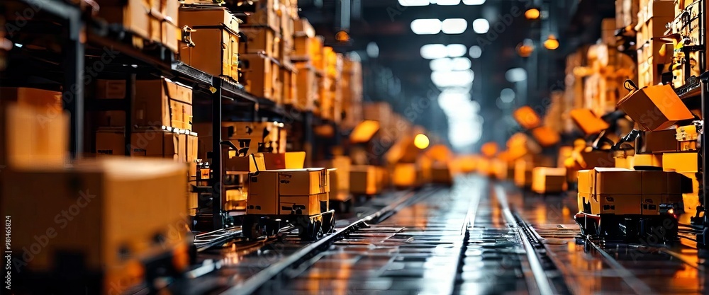 A modern warehouse scene with robots organizing and moving packages ...