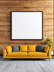 Poster - A yellow couch with grey throw pillows in front of a blank frame on a wooden wall.