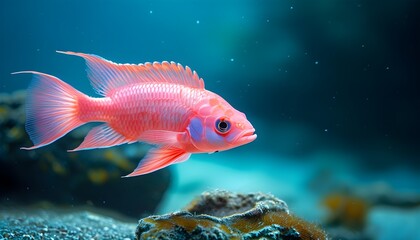 Vibrant pink tropical fish gliding through pristine blue waters, showcasing the beauty of marine life and the enchanting underwater world