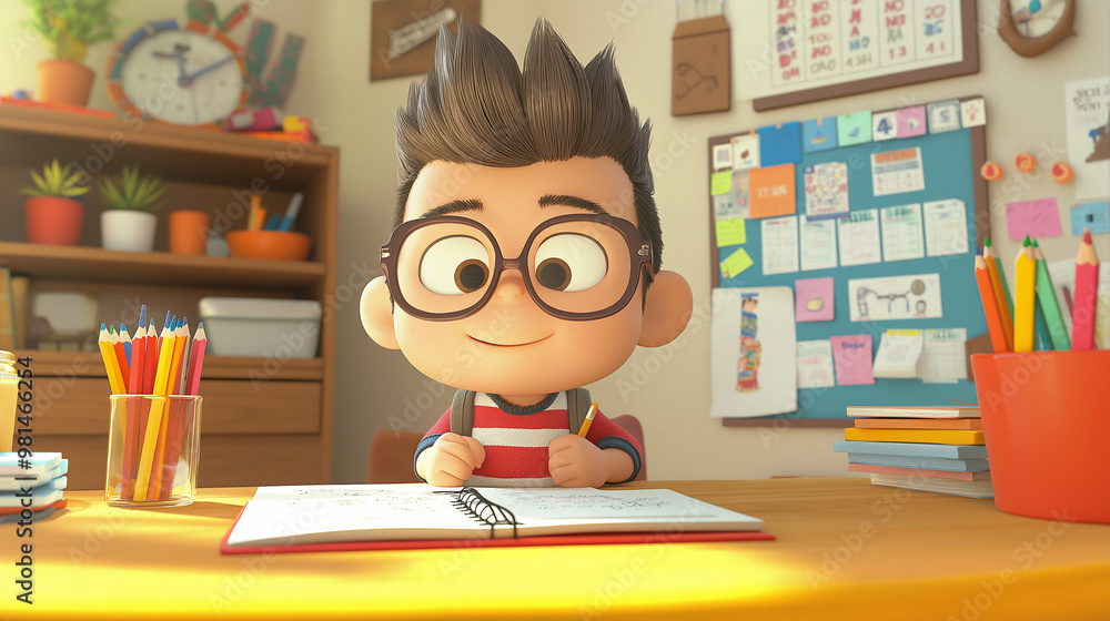 Homework Amimation Homework Time: A studious animated character with glasses is focused on ...