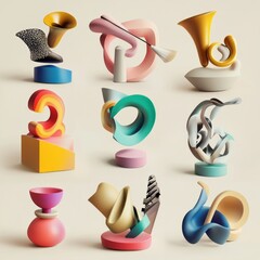 Canvas Print - Nine abstract 3D sculptures in various colors and shapes, displayed on a white background.