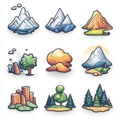 Poster - Nine cartoon illustrations of mountains, trees, and clouds.