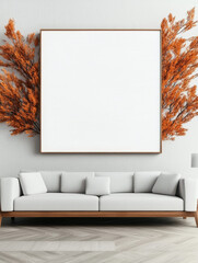 Canvas Print - A minimalist living room with a white couch and a blank frame.