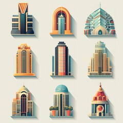 Canvas Print - Nine colorful cartoon buildings with long shadows.