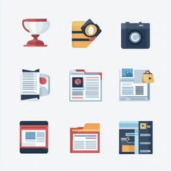 Nine colorful flat icons representing different digital media platforms and tools.