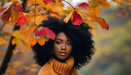 Wall Mural - Serene autumn escape featuring African American woman surrounded by vibrant foliage and natures beauty for peaceful contemplation