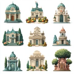 Canvas Print - Nine illustrated classic architecture buildings with domes, statues, and gardens.