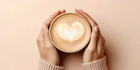 Cappuccino with a heart in a cup in your hands