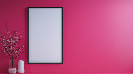 Canvas Print - Blank frame on a pink wall with a vase of flowers.