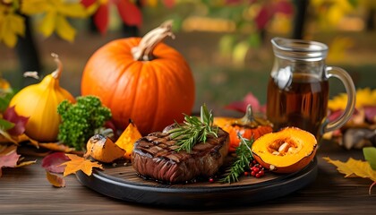 Wall Mural - Autumn barbecue feast featuring grilled steak and vegetables surrounded by pumpkins in a charming outdoor setting