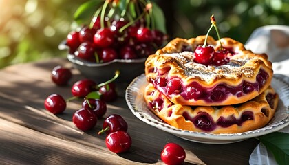 Poster - Homemade cherry pie on a wooden table in a sunny garden, celebrating summer treats and outdoor picnics with a delightful fruit pastry backdrop.