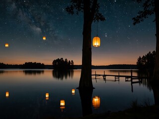 Poster - Lanterns illuminating the night sky over a serene lake