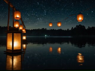 Sticker - Lanterns illuminating the night sky over a serene lake