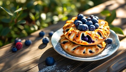 Wall Mural - Sunlit garden featuring freshly baked blueberry pie on a wooden table, evoking the essence of homemade desserts and summer outdoor dining