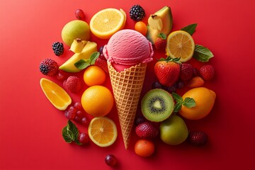 Wall Mural - Pink ice cream in a cone surrounded by fresh fruits on a red background.