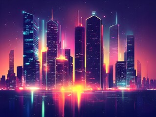 Glowing Futuristic Cityscape Silhouettes with Vibrant Neon Highlights