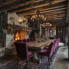 Poster - Rustic dining room with a large wooden table, fireplace, and chandelier.