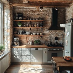 Wall Mural - Rustic kitchen with exposed brick walls, wooden shelves, and vintage appliances.