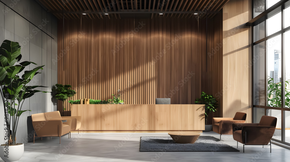 Office wooden lobby waiting room with company wall logo mockup Stock ...