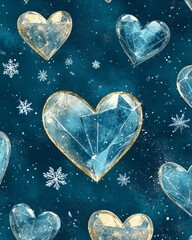 Poster - Seamless pattern of blue crystal hearts with a gold outline on a dark blue background with white snowflakes.