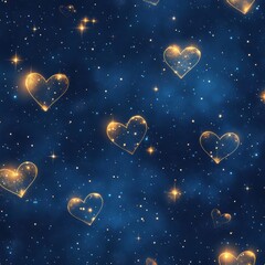 Sticker - Seamless pattern of glowing golden hearts on a starry night blue background.