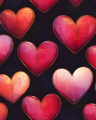 Wall Mural - Seamless pattern of red, pink and orange hearts with gold accents on dark blue background.