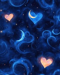 Poster - Seamless pattern with glowing hearts, crescent moons and stars on dark blue background.