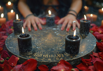 A woman's hands on a ouija board surrounded by black candles and rose petals in a gothic decor setting