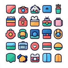 Canvas Print - Set of 25 colorful flat icons representing everyday objects and activities, including home, camera, shopping bag, suitcase, heart, and more.