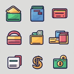 Sticker - Set of nine colorful icons related to finance, money and payments.