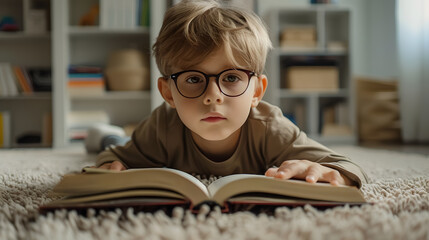 One Caucasian boy lying on the floor at home during the day, reading a book while wearing eyeglasses, front view, with copy space, representing real people