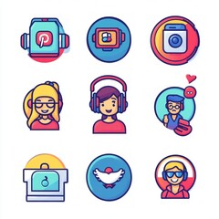 Wall Mural - Set of nine colorful social media icons with various themes, including communication, photography, and fashion.