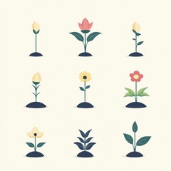 Canvas Print - Set of nine simple flat vector flower illustrations in different colors and stages of growth.