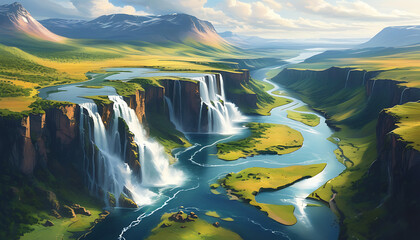 Sticker - Magnificent scenery with cascading waterfalls and winding rivers.