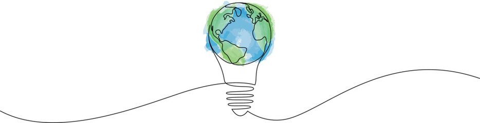 Wall Mural - earth globe inside lightbulb one continuous line drawing. eco innovation or green energy concept dra