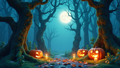 A spooky forest path lit by candles with carved pumpkins under twisted trees against a full moon. Atmospheric Halloween setting evoking mystery and anticipation.