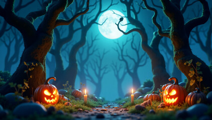 A spooky forest path lit by candles with carved pumpkins under twisted trees against a full moon. Atmospheric Halloween setting evoking mystery and anticipation.