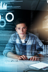 Fototapete - Dark office, portrait and man with data overlay for online programming, analysis and cybersecurity in crypto trading. Software, hologram and web developer with metrics, virtual app or network system