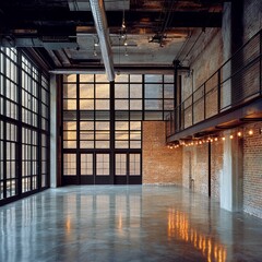 Sticker - Spacious industrial loft interior with large windows, exposed brick walls, and polished concrete floor.