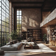 Poster - Spacious industrial style living room with large windows, exposed brick walls, and a comfortable seating area.