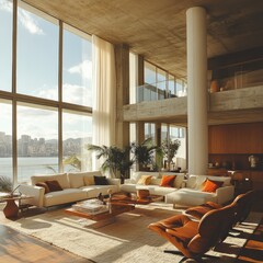 Canvas Print - Spacious living room with large windows overlooking a cityscape.