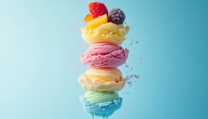 Wall Mural - Stack of colorful ice cream scoops with fruit toppings on a blue background.