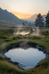 Sticker - Steam rising from a small pond in a mountain valley at sunrise.