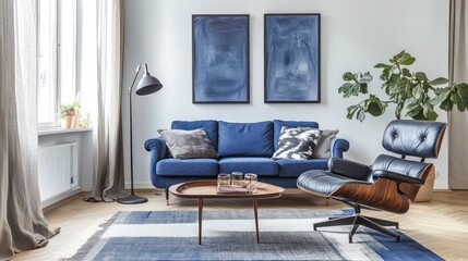 Modern living room with blue sofa, armchair, coffee table, rug, two paintings, and houseplant.